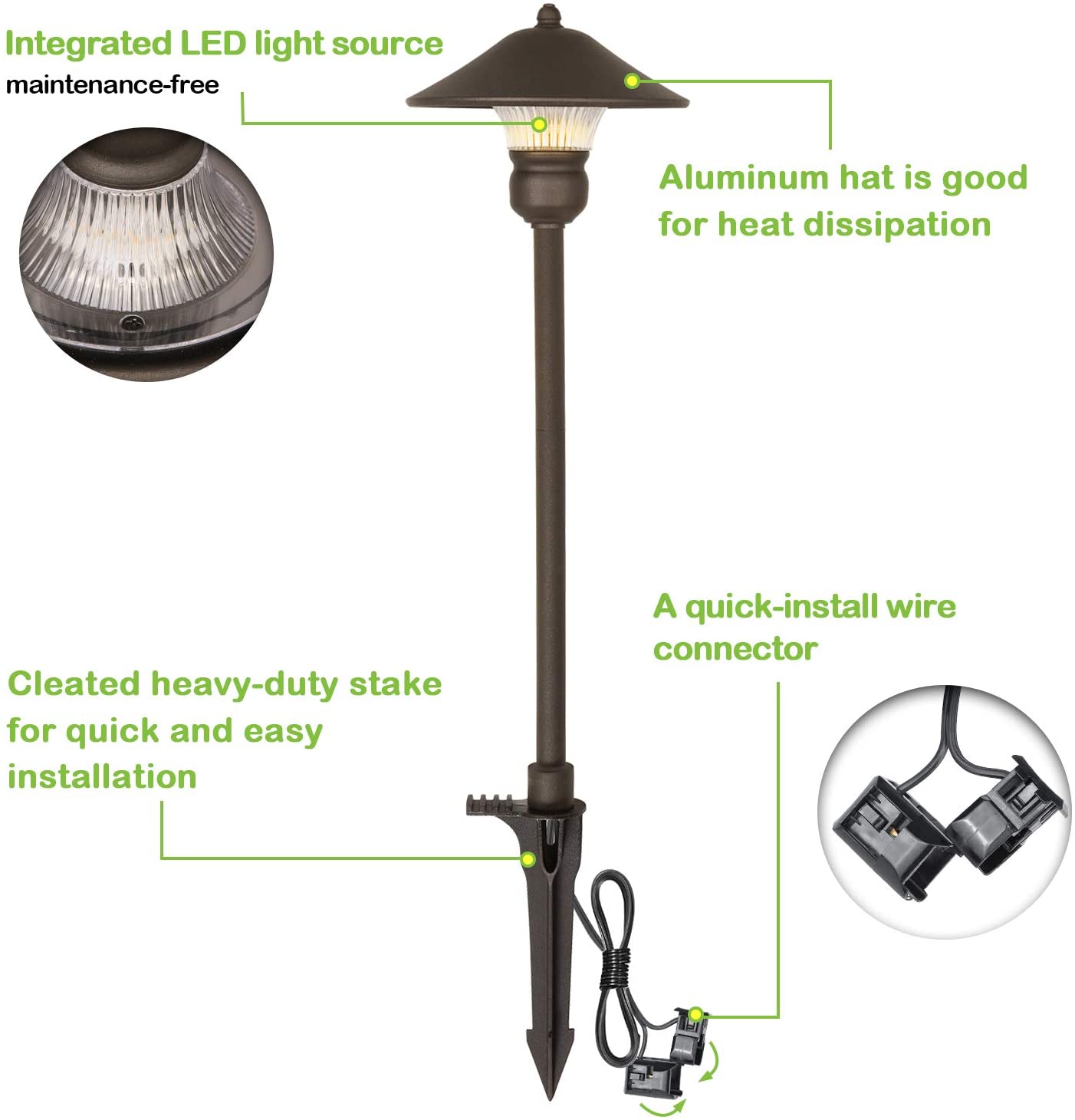 6 Pack Low Voltage LED Landscape Pathway Light, 3W 150LM 12V Wired for Outdoor Yard Lawn, Die-cast Aluminum Construction, 30-Watt Equivalent 15-Year Lifespan