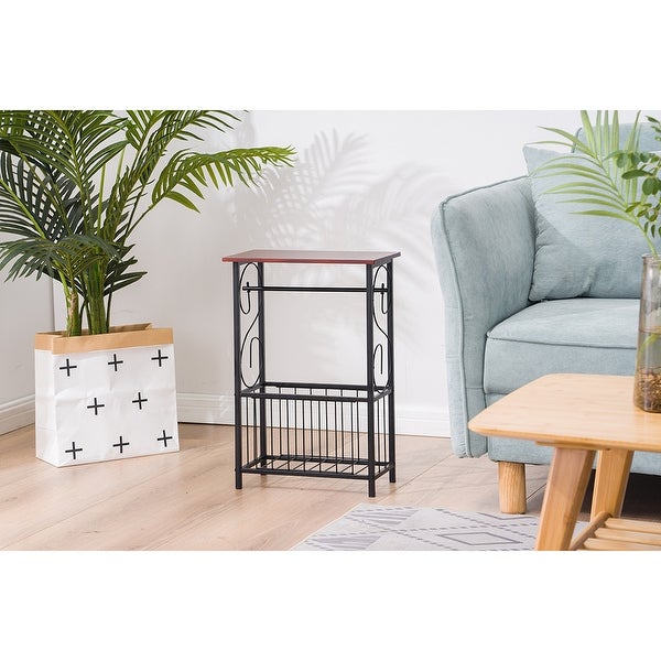 Multifunctional Indoor Side Table with Grid Basket Storage Sundries