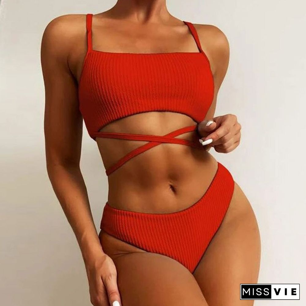 Sexy Bandage Cross Tie-up High Waist Swimwear Women Solid Rib Spaghetti Straps Bikini Set Fashion Backless Push Up Beachwear Set