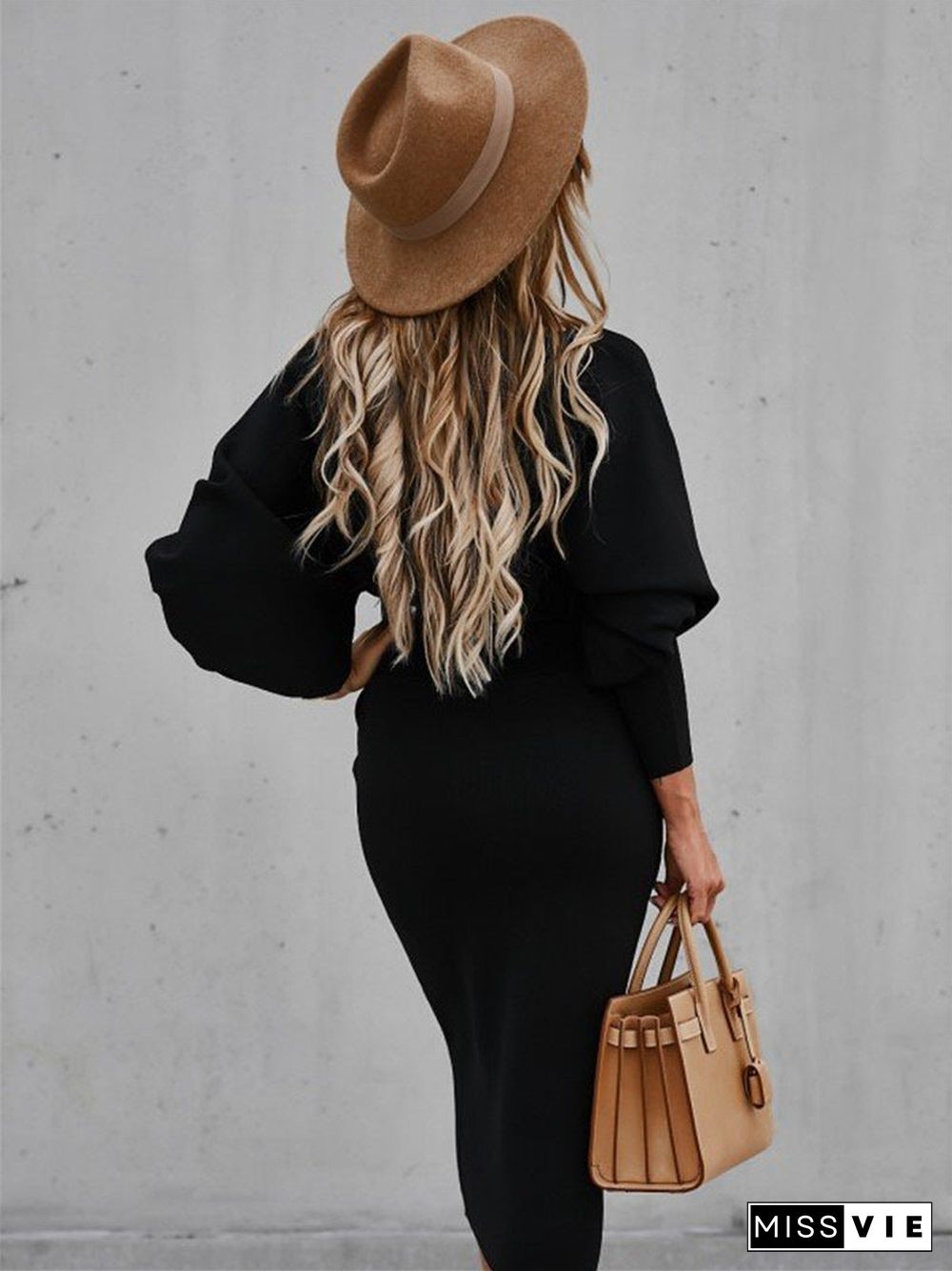 Long Sleeve Bodycon Solid Color Midi Dress