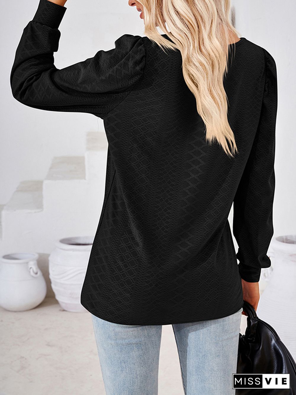 Loose Jacquard Solid Color Square-neck T-Shirts Tops