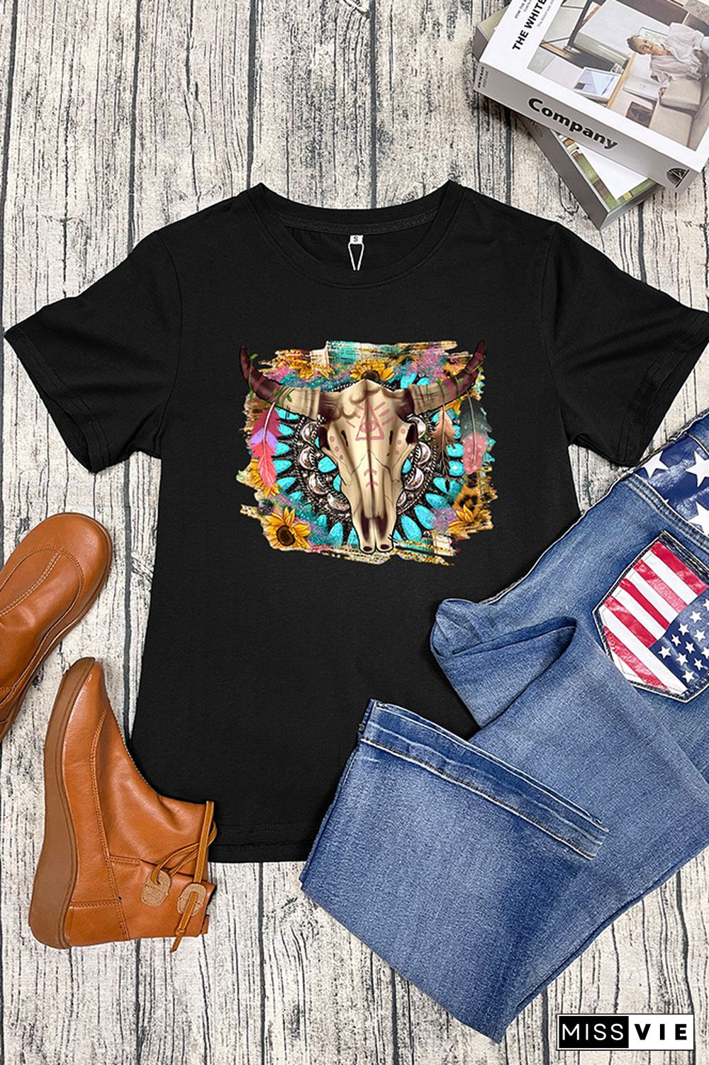 Western Boho Skull Pngturquoise And Leopard Short Sleeve Graphic Tee Wholesale