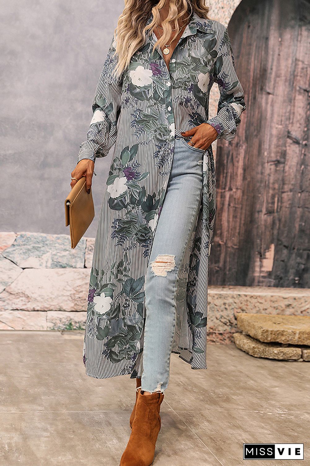 Flower Print Button Up Long Sleeve Shirt Dress