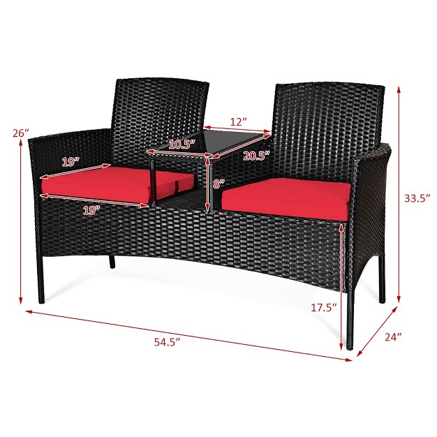 Costway Patio Rattan Conversation Set Seat Sofa Cushioned Loveseat Glass Table Chair Red turquoise