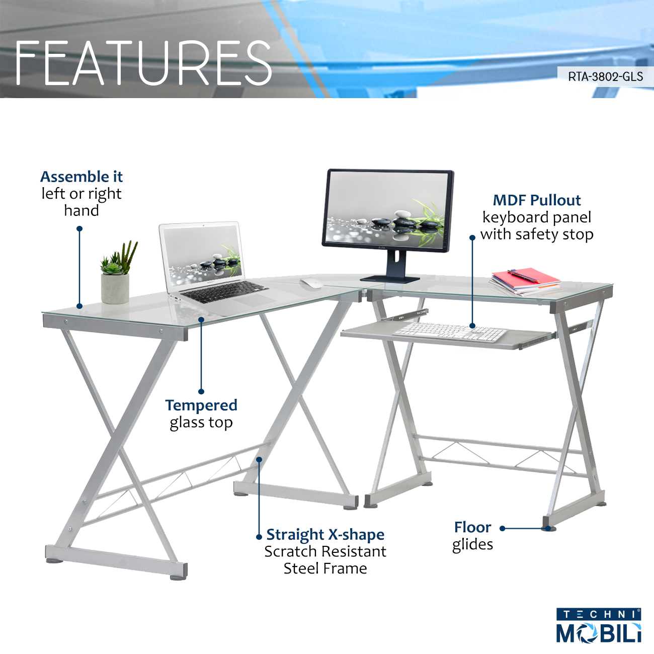 Techni Mobili LShaped Tempered Glass Top Computer Desk with Pull Out Keyboard Panel Clear  Crowdfused