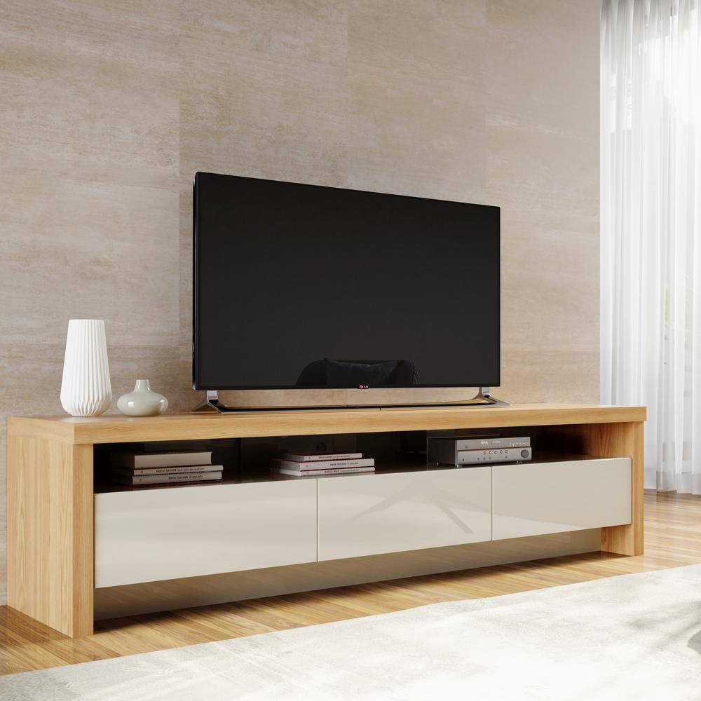 Manhattan Comfort Sylvan 85 in. Nature and Off-White Particle Board TV Stand with 3 Drawer Fits TVs Up to 70 in. with Cable Management 221251