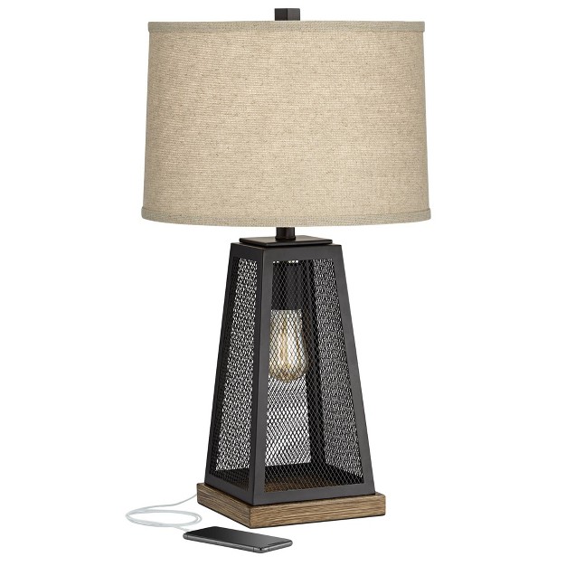 High Metal Mesh With Nightlight Led Usb Charging Port Burlap Shade For Living Room House Desk