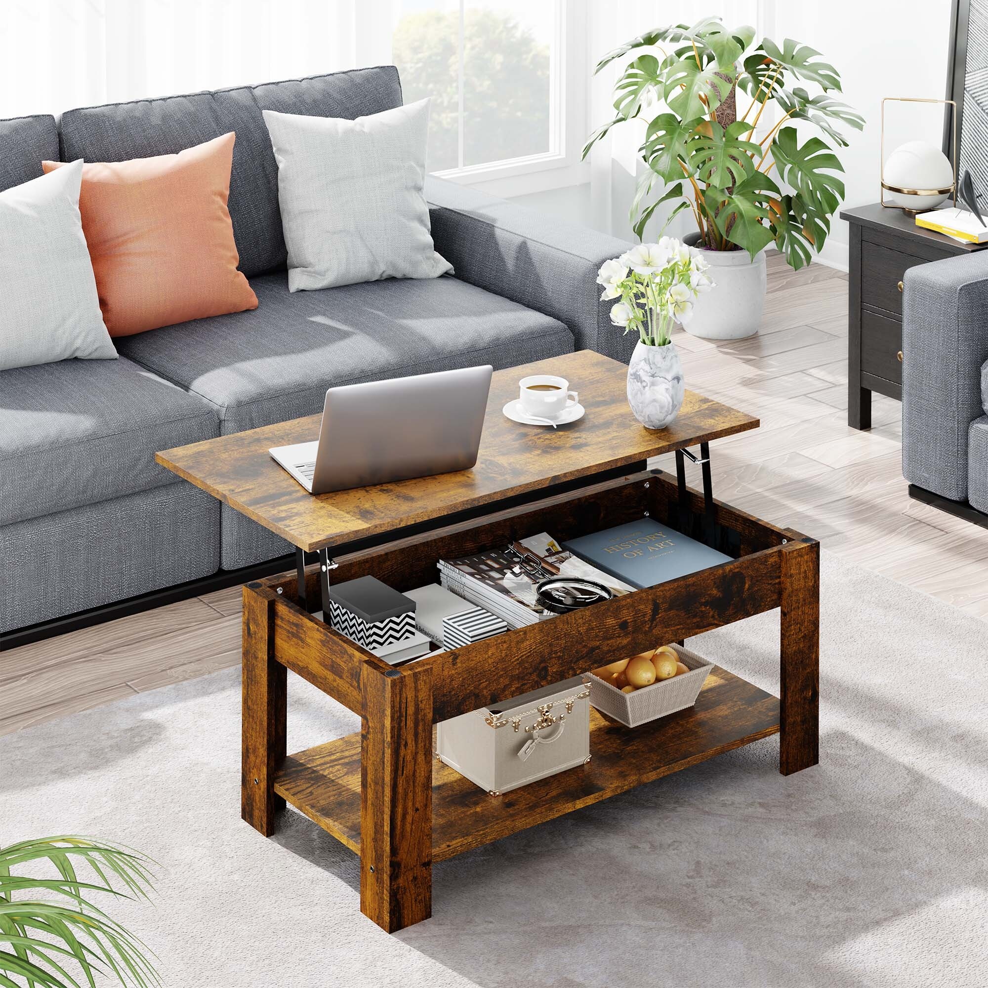 Futzca Lift Top Coffee Table with Storage Shelf and Hidden Compartment， 38.58in L， Rustic Brown