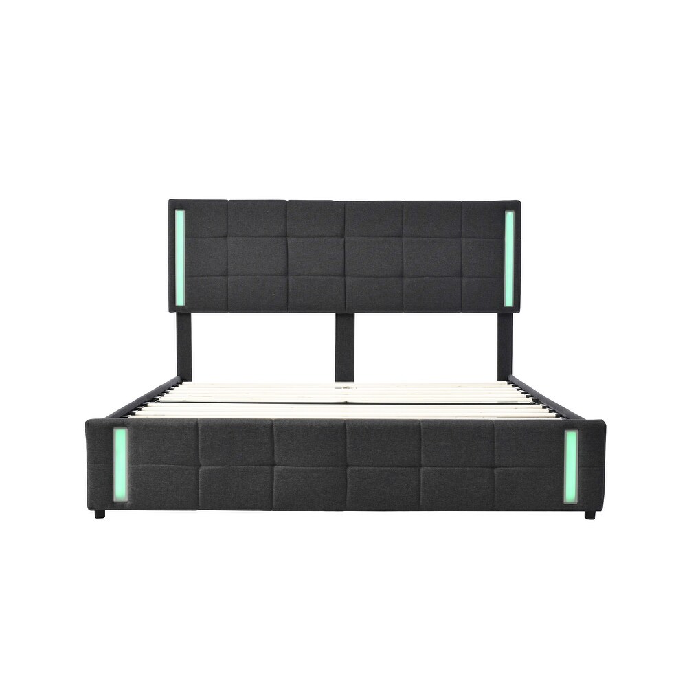 Queen Size Upholstered Platform LED Bed Frame