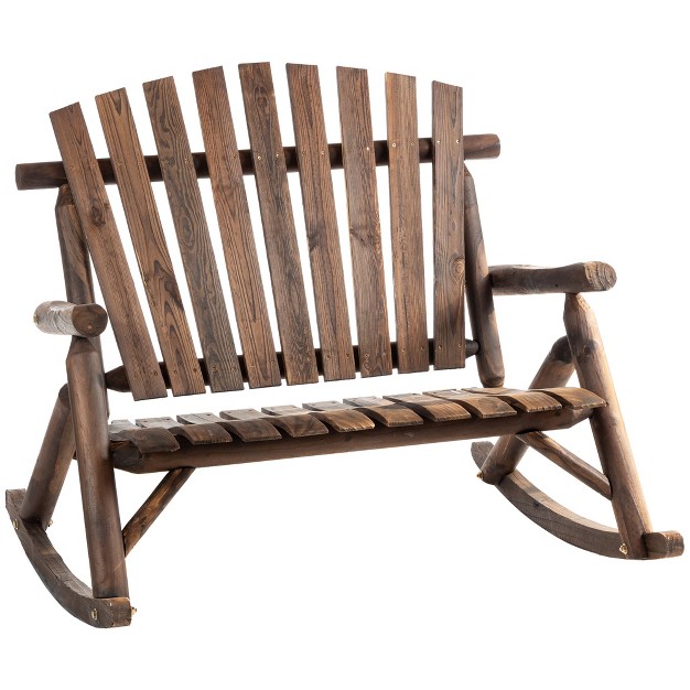 Outsunny Outdoor Adirondack Rocking Chair With Log Slatted Design 2 seat Patio Wooden Rocker Loveseat With High Back For Lawn Backyard Garden