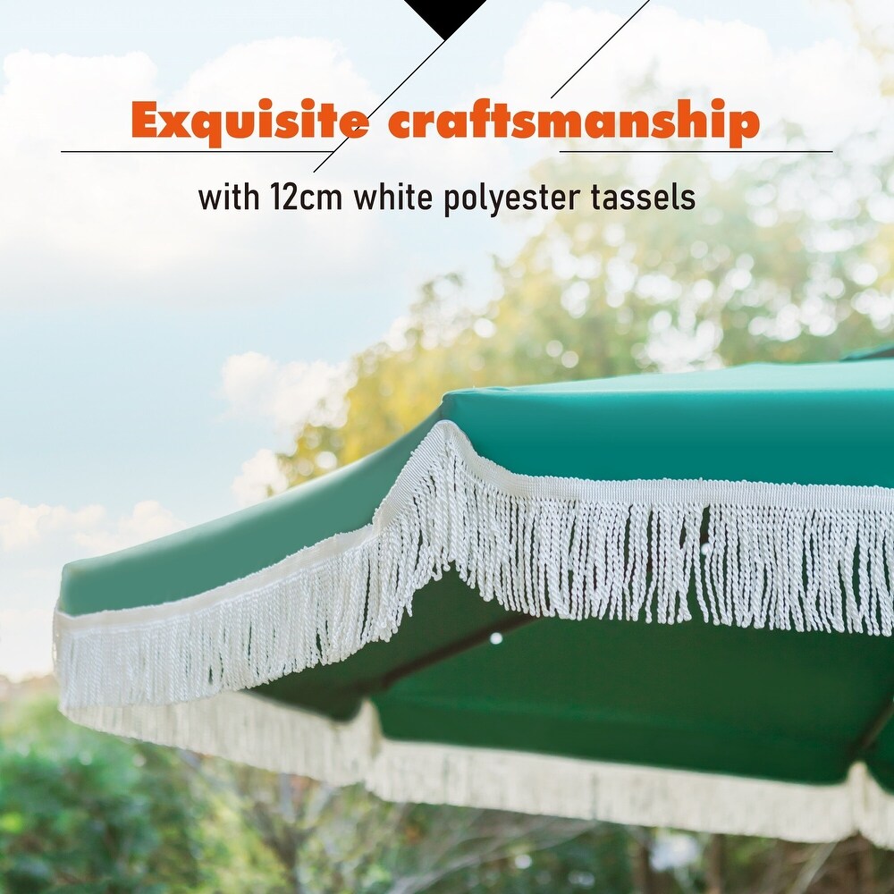 Outdoor 10Ft Double Top Crank Umbrella Patio Cantilever Umbrella with Fringe Tassel and LED Lights