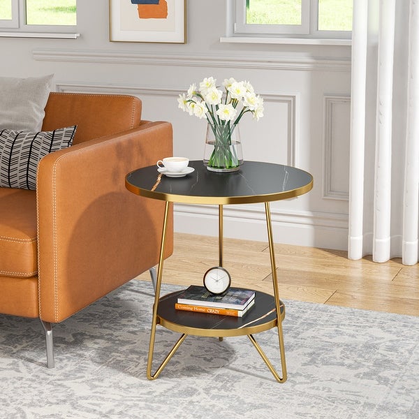 Marble Gold End Table Side Table with Shelves