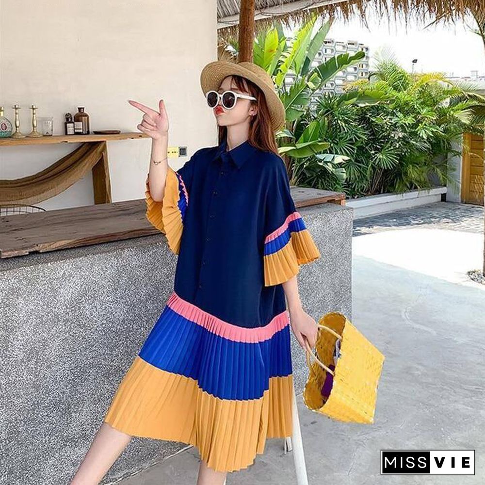 Pleated Hit Color Summer Shirt Dress Women Korean Style Plus Size Short Sleeve Loose Casual Dresses Fashion Elegant Clothes