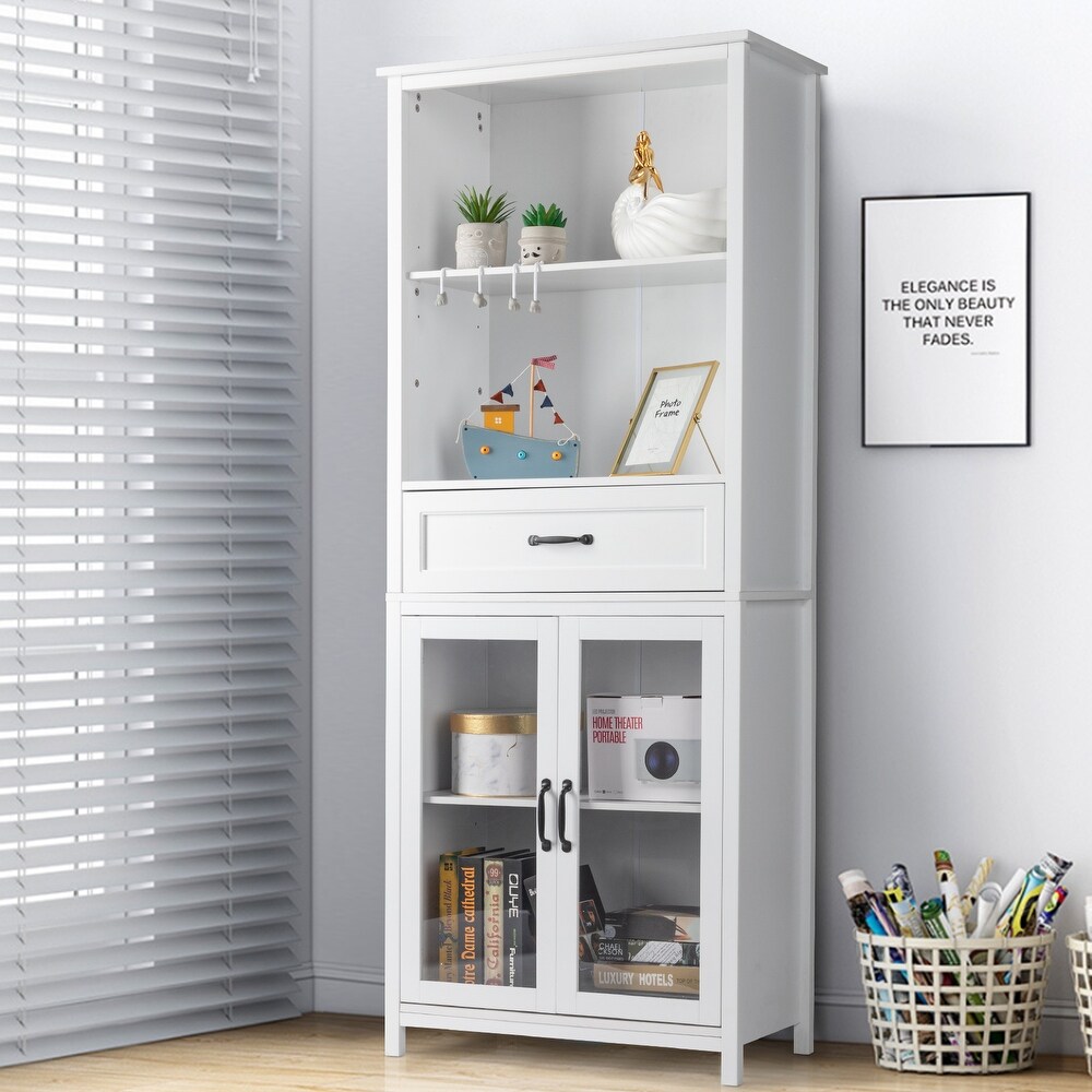 White Bookcase Storage Cabinet with Drawer  Glass Doors  Shelves