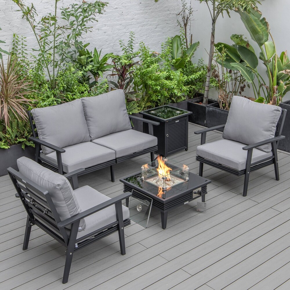 LeisureMod Walbrooke Modern Patio Conversation Set With Fire Pit Table