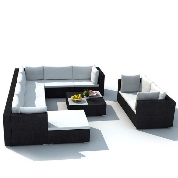 10 Piece Garden Lounge Set with Cushions Poly Rattan Black - Overstock - 35107909