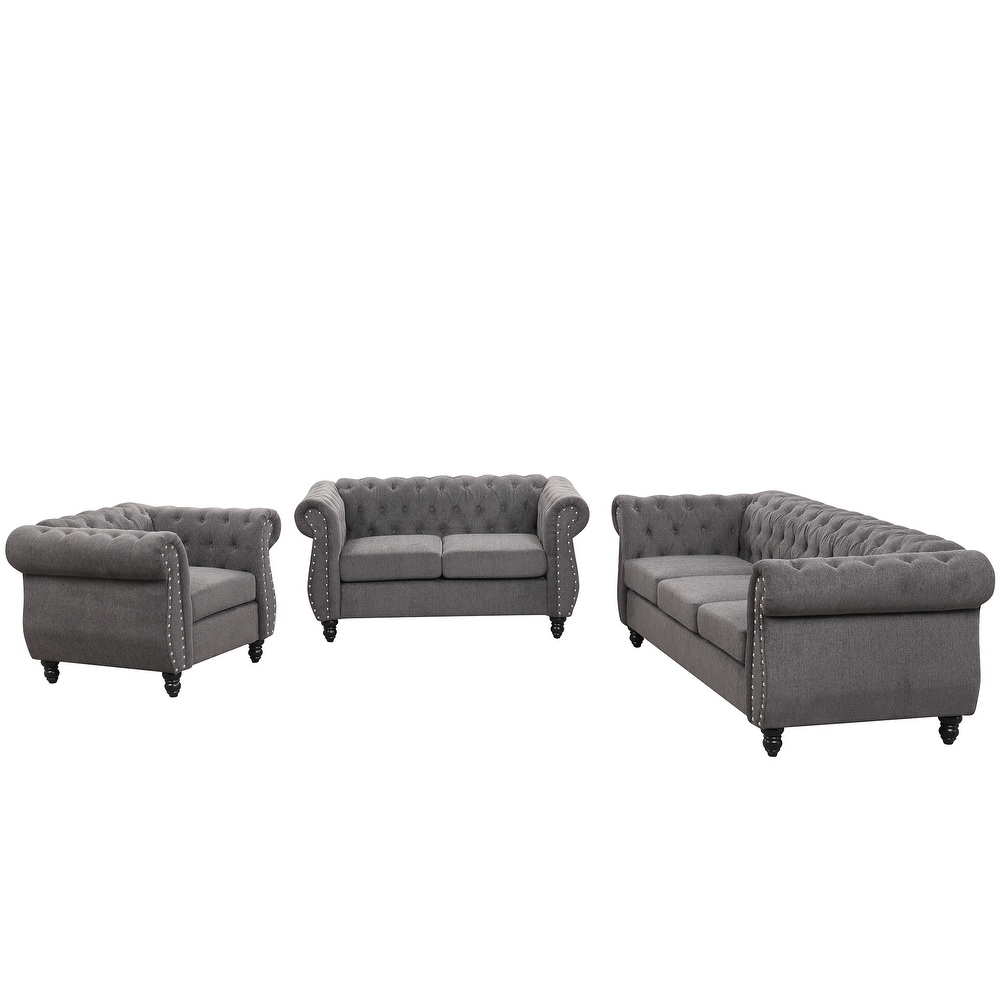 3 Piece Button Down Tufted Dutch Velvet Upholstered Sofa Sets  Including Three Seater Sofa  Two Seater and Set Single Chair