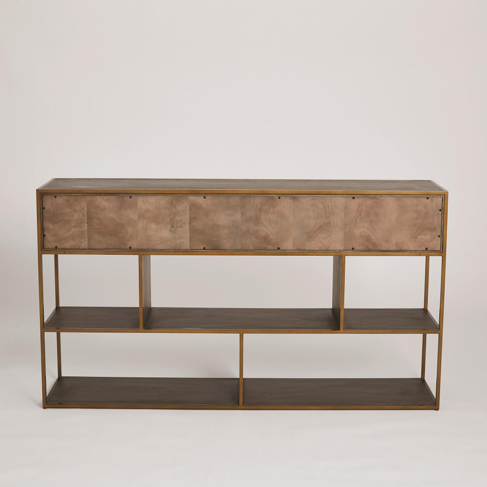 Mid Century Modern Console Table with Drawers Divided Shelves Wood Brass Retro   Contemporary   Console Tables   by My Swanky Home  Houzz