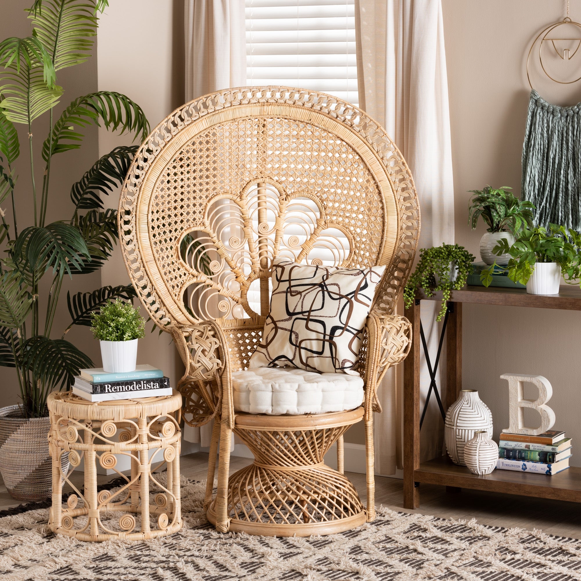 Ediva Modern Bohemian Natural Brown Rattan Peacock Accent Chair