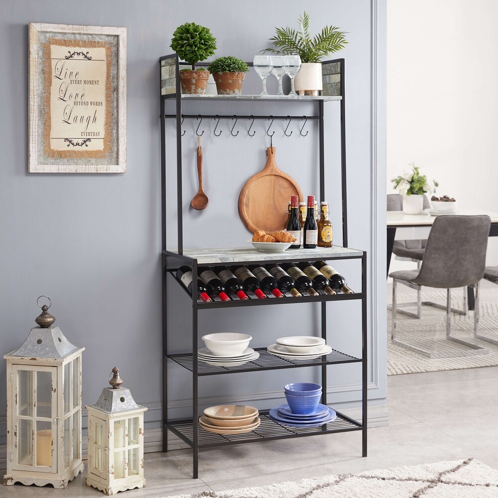 Bakers Rack with Storage Shelfs  Wine Rack and Hooks   Microwave Stand for Home Kitchen/Dining Room  Black/Gray