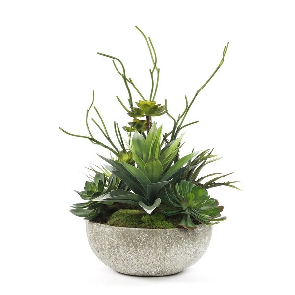 Faux Succulents and Agave Plant in Round Concrete Bowl