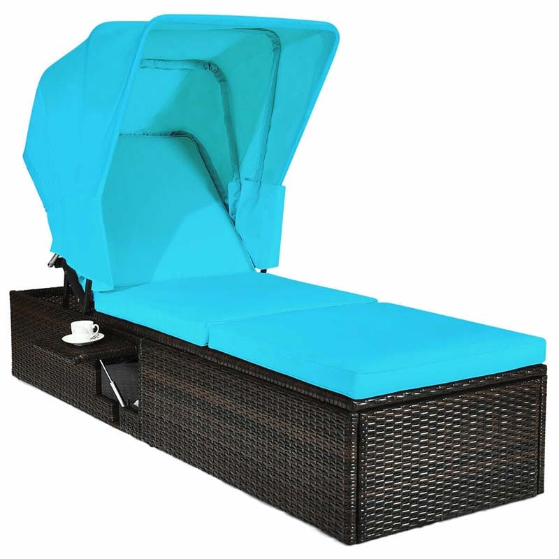 Cushioned Rattan Outdoor Chaise Lounge Chair Sun Lounger 5-Position with Folding Canopy & Flip-up Tea Table