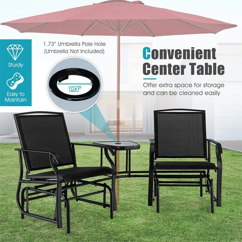 2-Seat Patio Rocking Chair Outdoor Double Glider Chair with Glass Table & Umbrella Hole