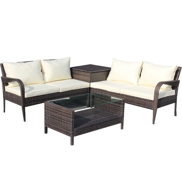 4 Piece Wicker Rattan Outdoor Sectional Sofa Set with Storage Box