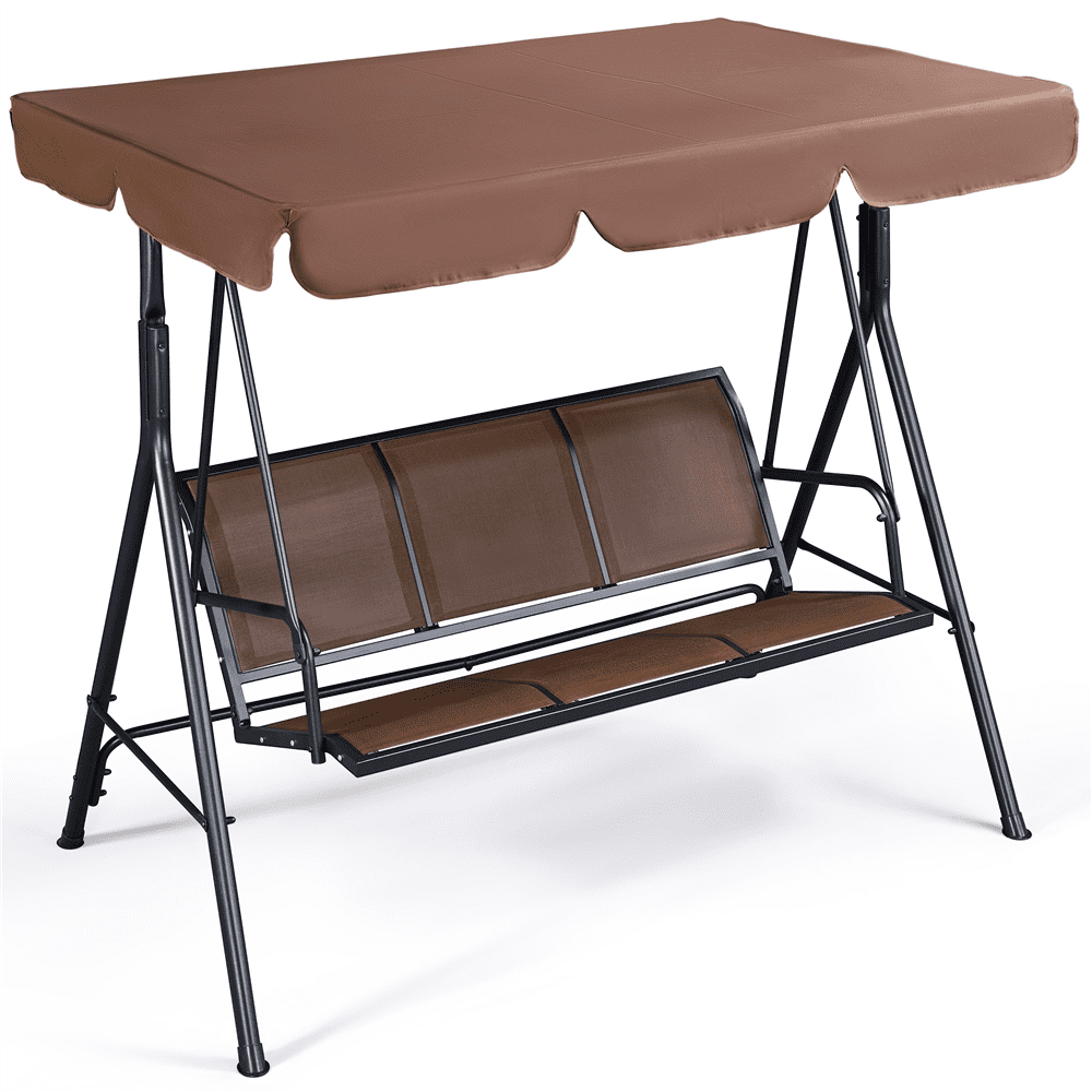 Topeakmart 3-Seat Outdoor Patio Metal Frame Swing Chair with Texteline Fabric Seats/Adjustable Canopy/Armrests Dark Brown