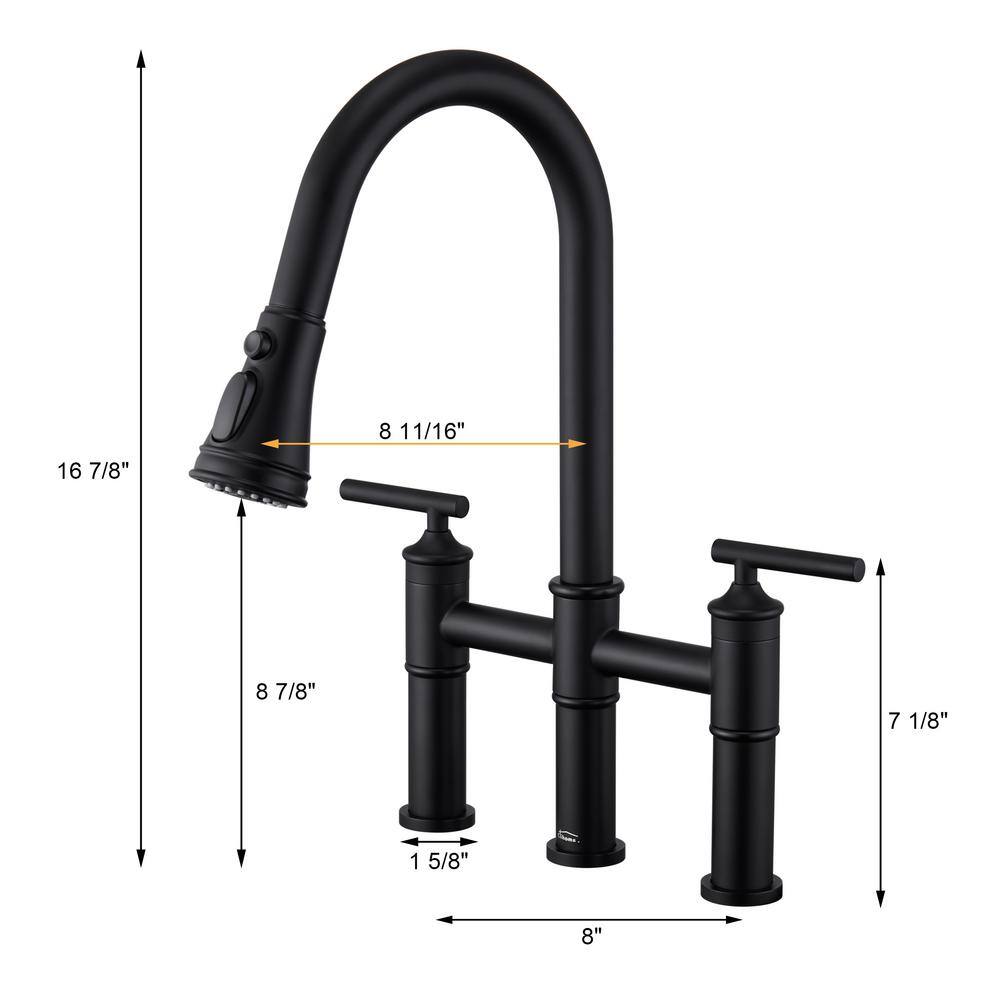 Boyel Living Double Handle Bridge Pull-Down Kitchen Faucet with 3-Spray Patterns and 360 Degrees Rotation Spout in Matte Black BL-KF02MB