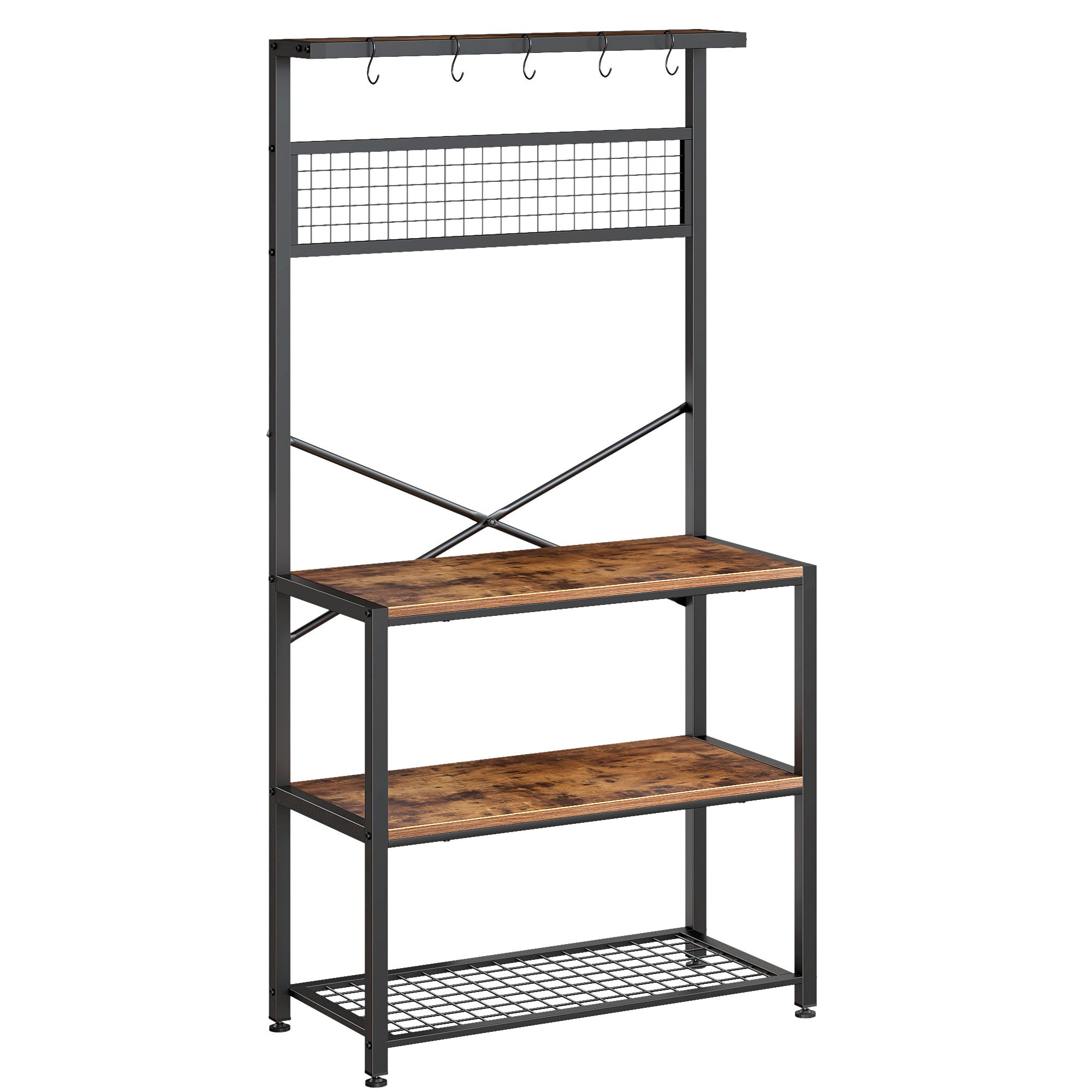 Wellynap 4-Tier Kitchen Baker's Rack， Tall Kitchen Rack with Hooks and Oven Placement， Ultimate Tall Rack Stand for Your Microwave and Coffee Hutch， Free Standing Kitchen Shelf， Vintage Brown