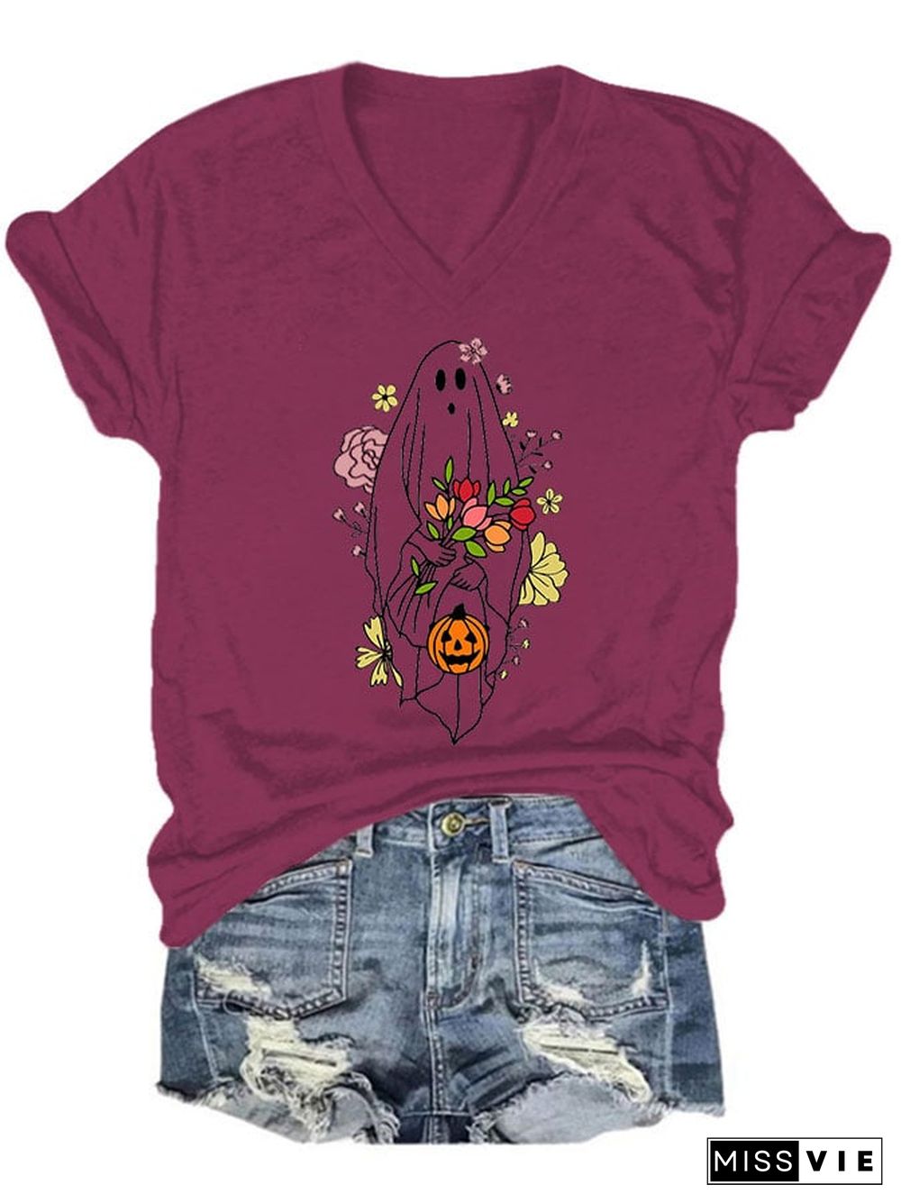 Women's Casual Ghost Art Printed Short Sleeve T-Shirt