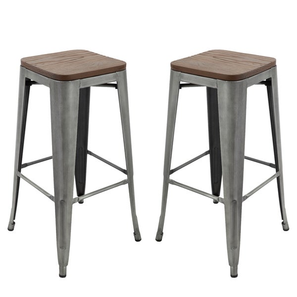 Carbon Loft Borelli Elm Wood/ Brushed Grey Metal 30-inch Bar Stools (Set of 2)