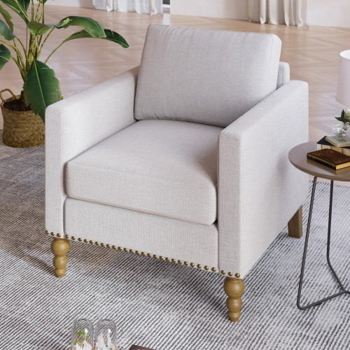 Classic Linen Armchair Accent Chair with Bronze Na...