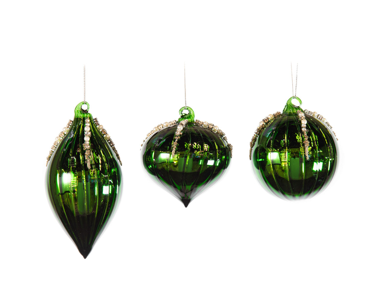 3 Shiny Green Glass Assorted Ornament Set Of 12