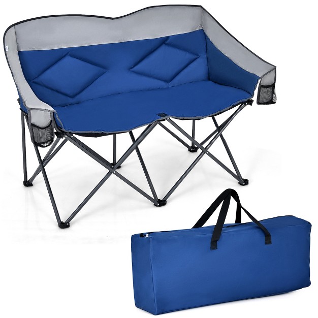 Costway Folding Camping Chair Loveseat Double Seat W Bags amp Padded Backrest Gray blue