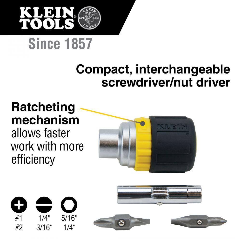 Klein Tools 6-in-1 Ratcheting Stubby Screwdriver- Cushion Grip Handle 32593