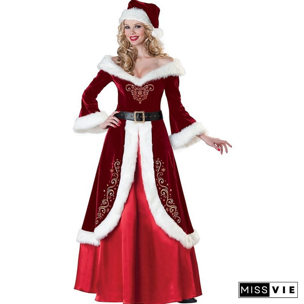 Christmas Cosplay Party Velvet Long Sleeve Robe Santa Claus Costumes for Adult Women/Men Luxury Christmas Princess Queen Party Long Dress