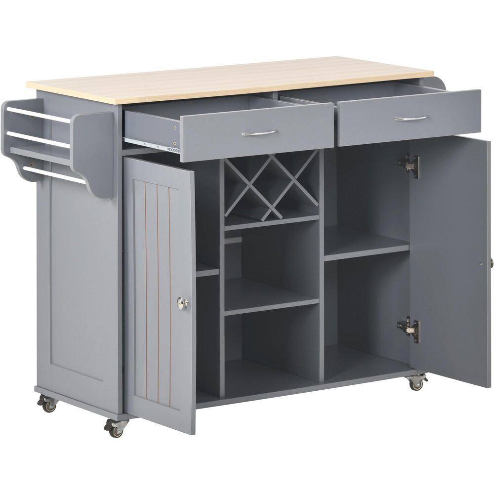 Runesay Gray Blue Kitchen Island Cart with 2 Storage Cabinets and 4 Locking Wheels 2-Drawers Wine Spice Rack Towel Rack EC-KIGB-9133