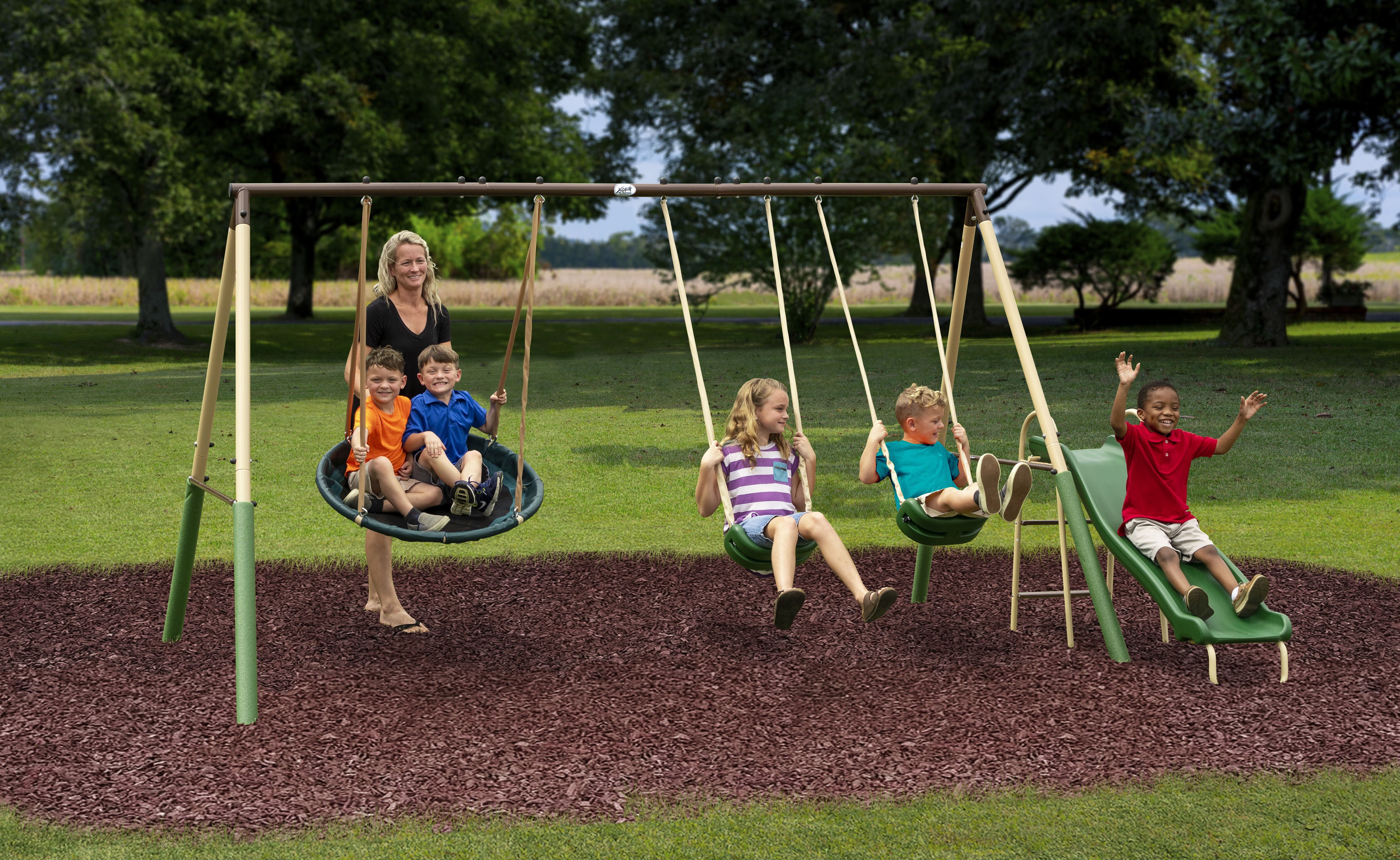 XDP Recreation Super Disc Swing™ Set with Steel Constructed Frame， Swings， and Slide