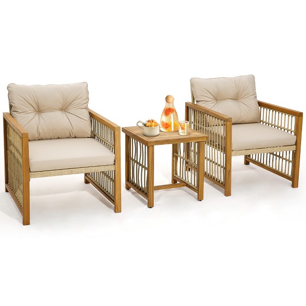 Tangkula 3pcs Patio Acacia Wood Pe Wicker Furniture Set W Soft Seat amp Back Cushions