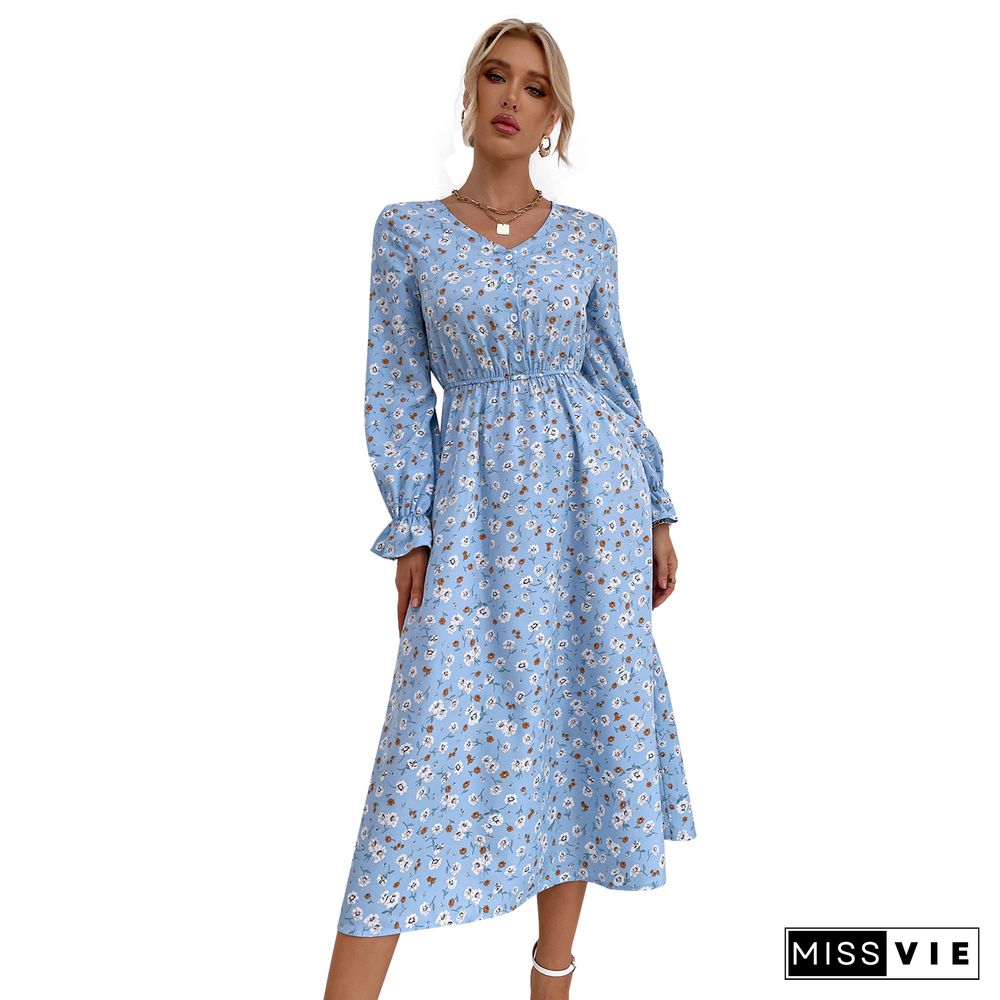 Elegant Women Floral Print Dress Casual Temperament Sweet Single-breasted V-neck Full Flared Sleeve Chic A-line Midi Dress