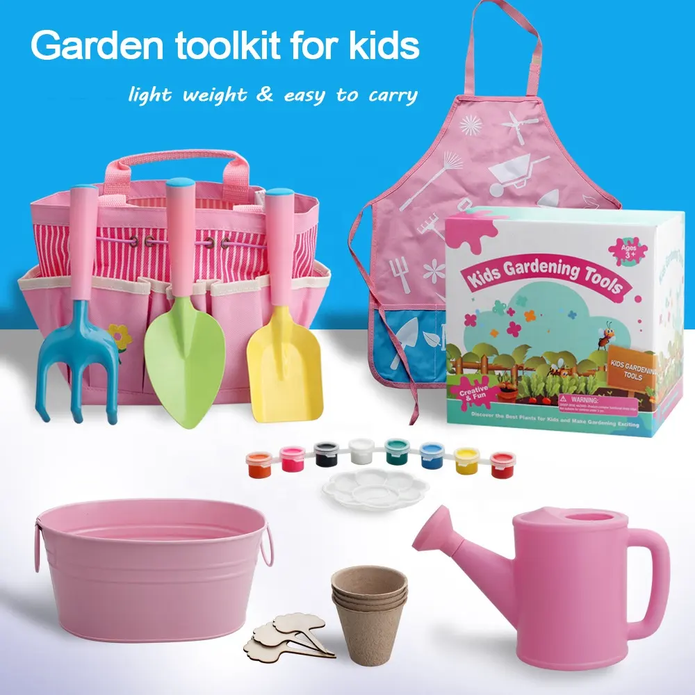 Beach Toy Pink Shovel Rake Fork Trowel Mini Kids Garden Hand Tool Set With Bag