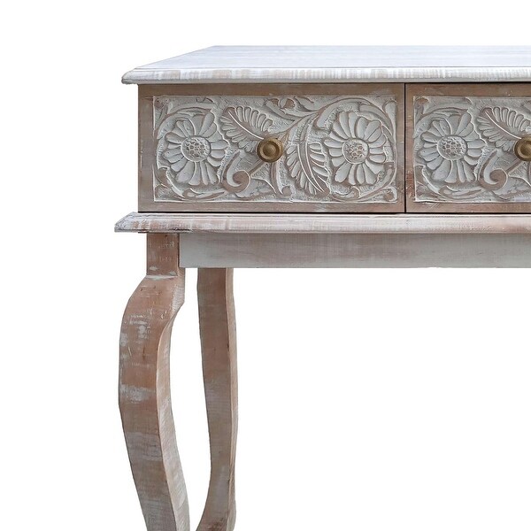 2 Drawer Mango Wood Console Table with Floral Carved Front， Brown and White