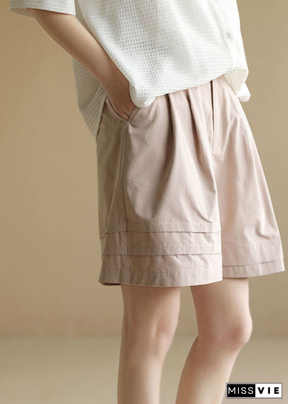 Boutique Light Pink Elastic Waist Wrinkled Pockets Cotton Shorts Summer