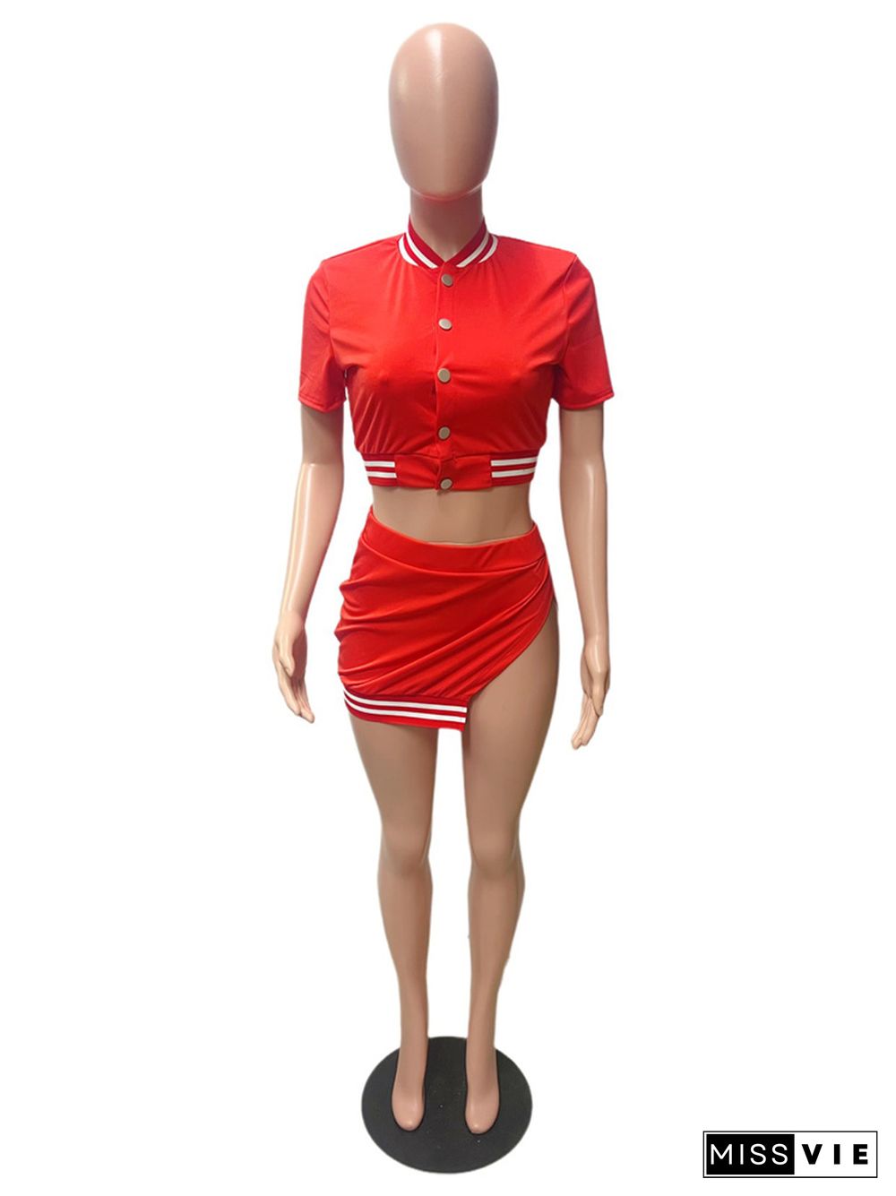 Short Sleeve Button Up Crop Top and Split Skirt Suit