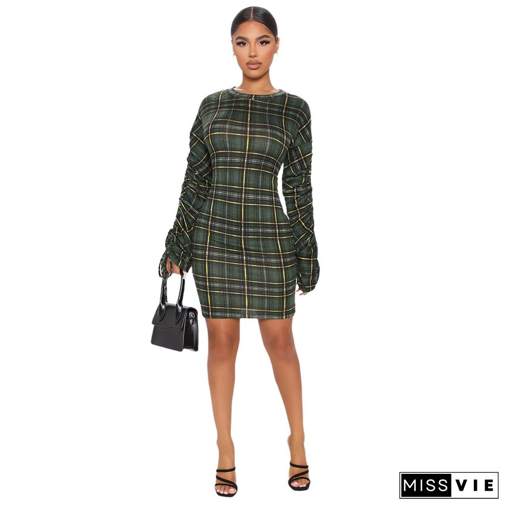 Plaid Print Pleated Sleeves Skinny Pencil Dress