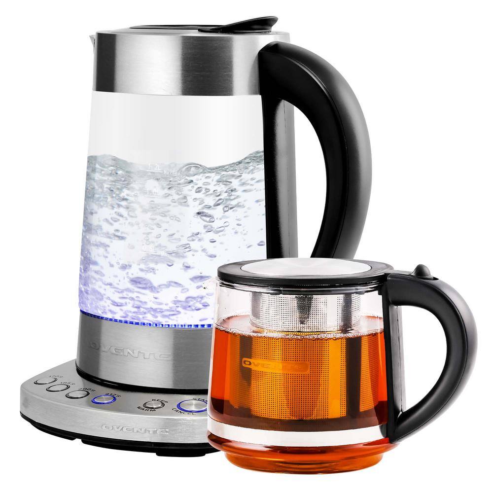 OVENTE 7.2-Cup Stainless Steel Electric Glass Kettle with ProntoFill Technology and 27-Oz. Reusable Teapot with Infuser Bundle KG733S + FGK27B