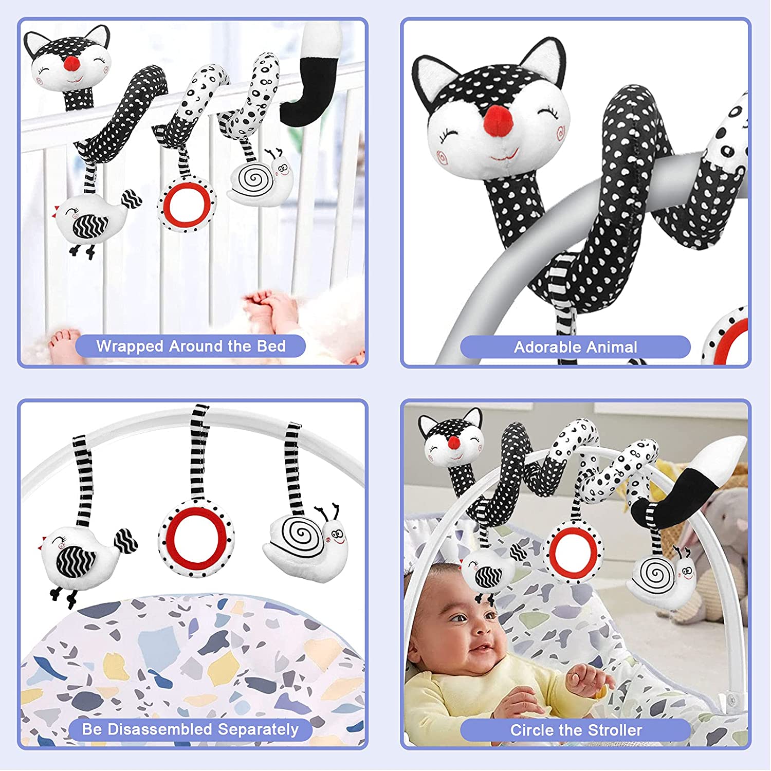 Baby Spiral Plush Toys， Black White Stroller Toy Stretch and Spiral Activity Toy Car Seat Toys， Hanging Rattle Toys for Crib Mobile