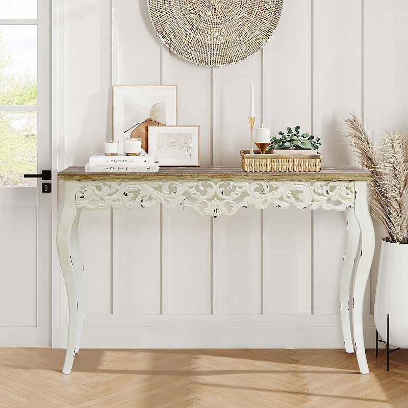 LuxenHome Victorian Off White And Natural Wood Console And Entry Table